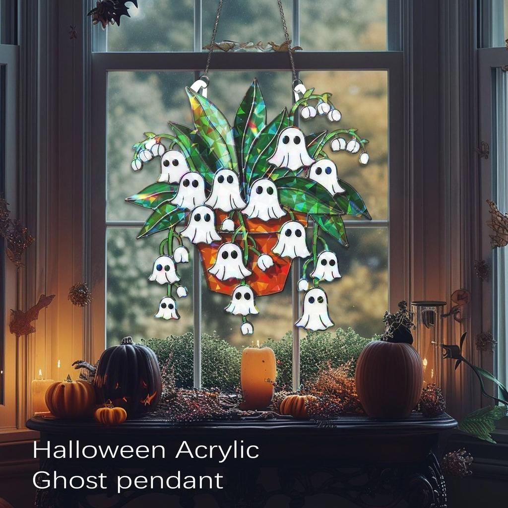 Halloween Acrylic Ghost Hanging Decoration with Plant Design for Indoor Outdoor Use Seasonal Holiday Ornament Hanging Chain Included