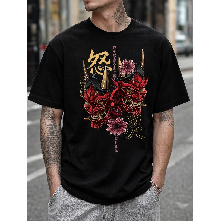Men's Japanese Demon Mask Graphic T-Shirt With Kanji And Flowers, Short Sleeve Crew Neck Streetwear Tee For Casual Daily Wear