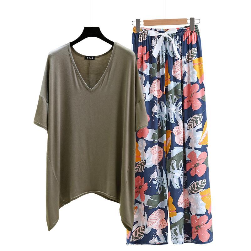 irregular Tshirt and floral wide leg pants summer women's casual pajamas sets Short sleeve homewear suit Loose lightweight Loungwear Plus size