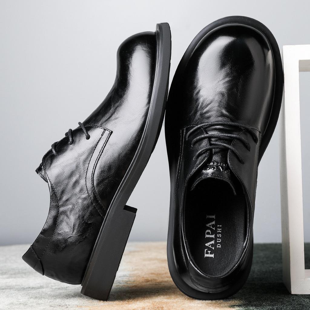 New Business Dress First Layer Cowhide Shoes British Style Men's Shoes Fashion Big Round Head Leather Men's Shoes Tide