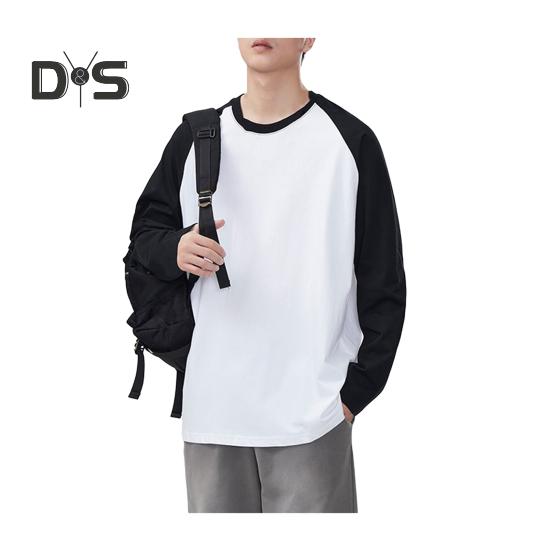 Men Spring Autumn T-shirt Color Matching Loose Round Neck Long Sleeves Pullover Top Casual School Sport Clothes