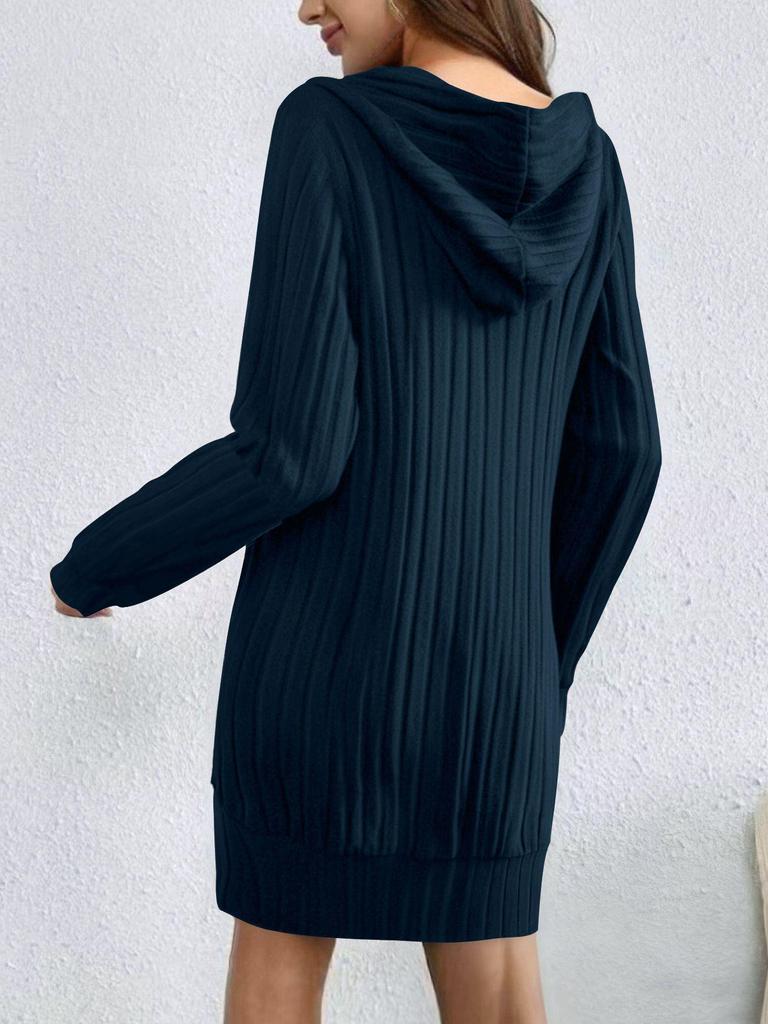 2025 Autumn/Winter Knit Hooded Ribbed Pocket Long Sleeve Dress for Women