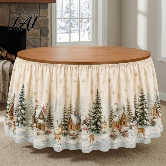 Festive Table Decor for Winter Events Christmas Skirt 70.9×29.5 Inch Round Cloth Vintage Snowy Snowman Decorations Scene Gnome Print Cover