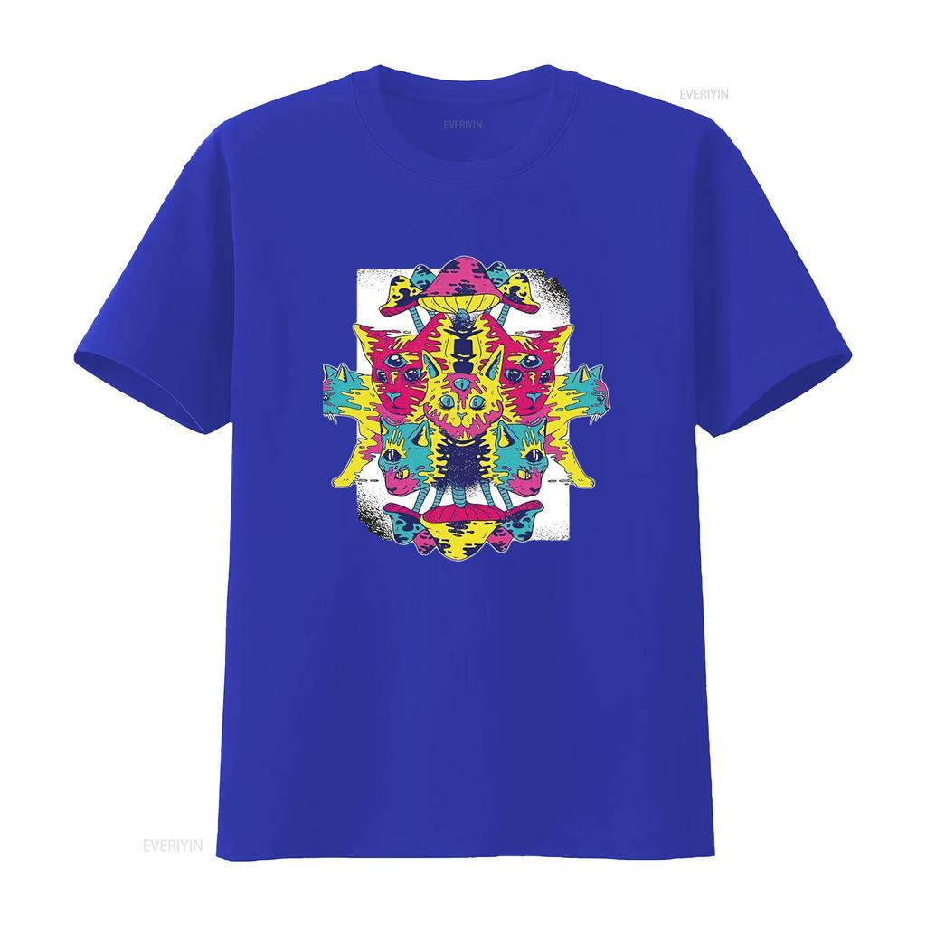 Herren Ideen für Katzenliebhaber Psychedelische Kätzchen und Pilze Design Schwarz Mehrfarbig T-Shirt vintage Gewaschen Dehnbar Stilvoll