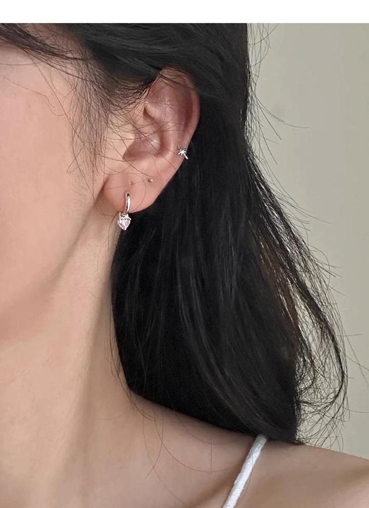 S999 Sterling Silver Pink Heart Zircon Pendant Earrings for Women - Simple Exquisite Design