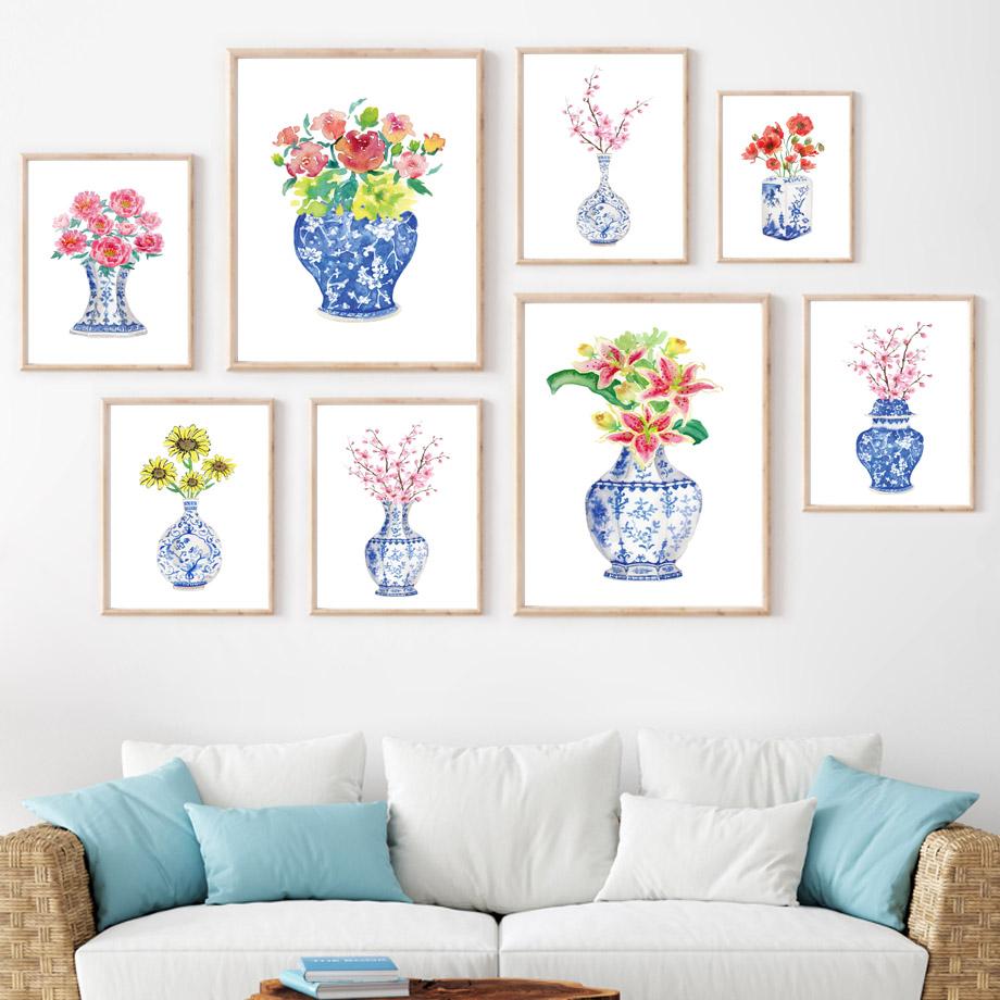 Nordic Minimalist Canvas Picture Blue and White Porcelain Painting Watercolor Posters and Prints for Living Room No Frame