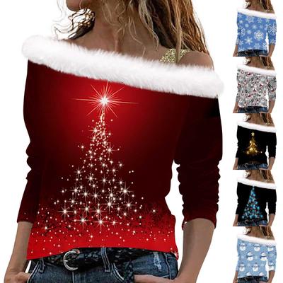 Women's Long Sleeve Tops Fashionable Women's Loose Christmas Print Off-Shoulder Pullover Tops