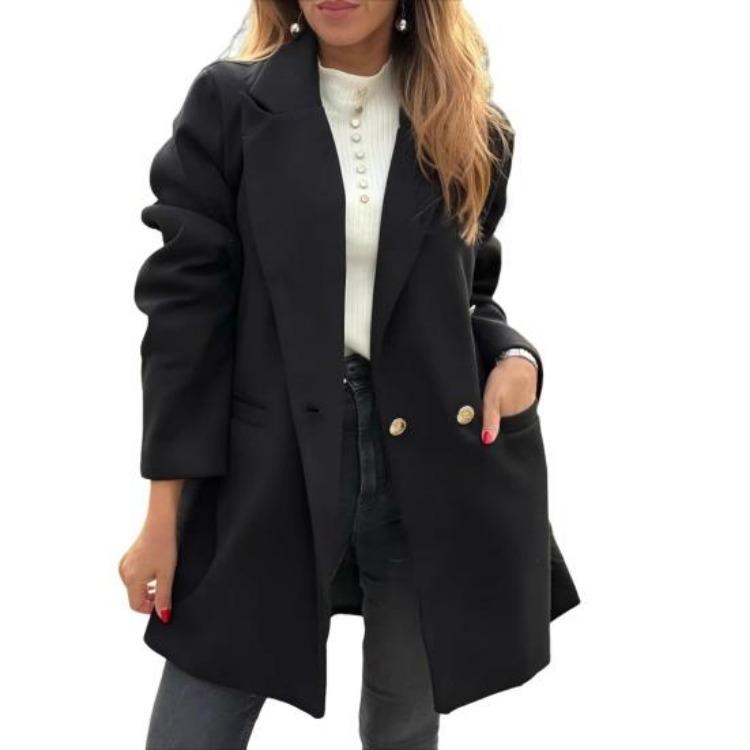 Fall Winter Women Trench Coat Double Breasted Notch Lapel Mid Long Pea Coat with Pockets Long Sleeve Outwear S