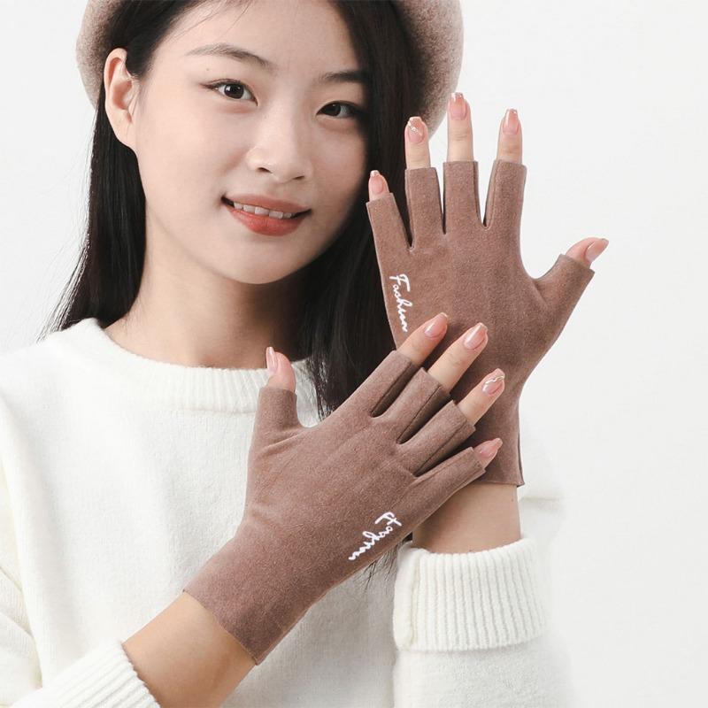 Half finger thermal gloves, heat storage German velvet windproof gloves, flexible writing mittens, cute girls' cold-proof gloves