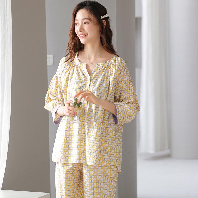 Women's pajamas: spring/summer pure cotton pure cotton, summer plaid woven cotton nine-quarter sleeve long pants, thin loungewear set