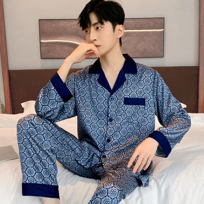 Conjunto de Pijama para Hombre Primavera Otoño Seda de Hielo Cárdigan de Manga Larga Ropa de Dormir de Satén para Exterior Masculino Ropa de Casa Verano