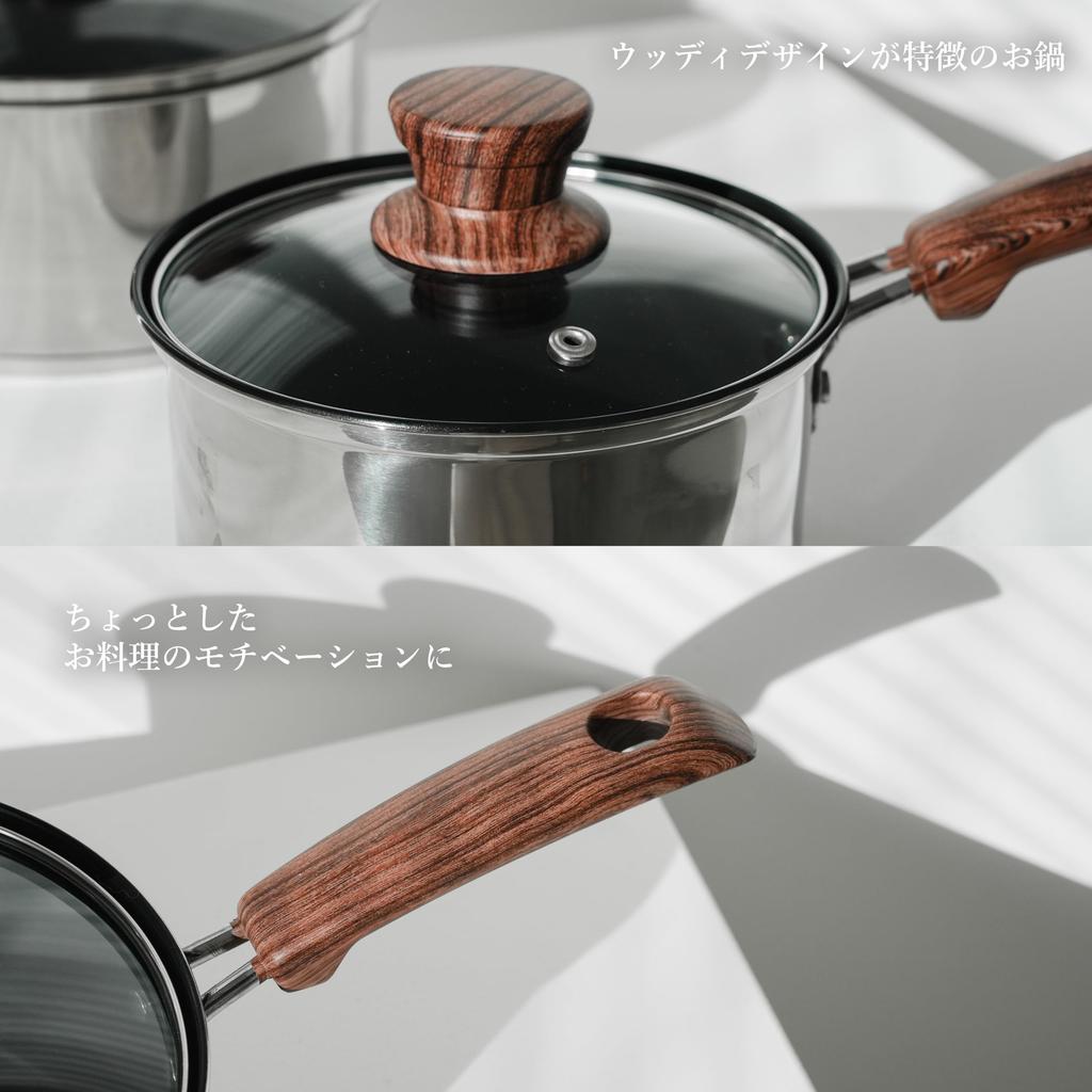 Pearl Metal Woody Pal 3-Layer Bottom Saucepan with Glass Lid, 16cm, Non-stick Coating, IH Compatible, HB-3175, Silver