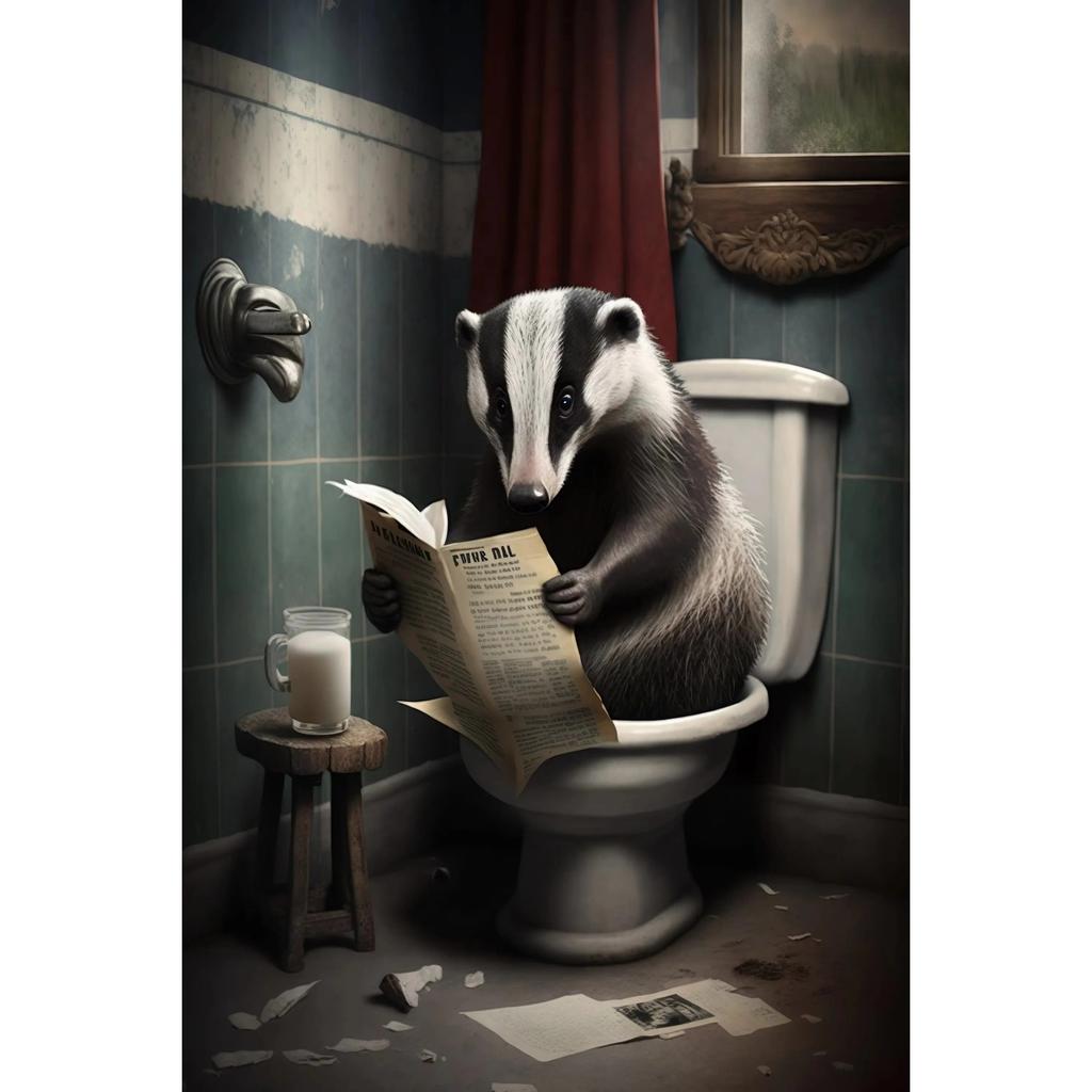 Funny Bathroom Humorous Animal Wall Canvas Paintings Decor Bear Dog Tiger Sitting On Toilet Reading Newspaper Poster Art Print