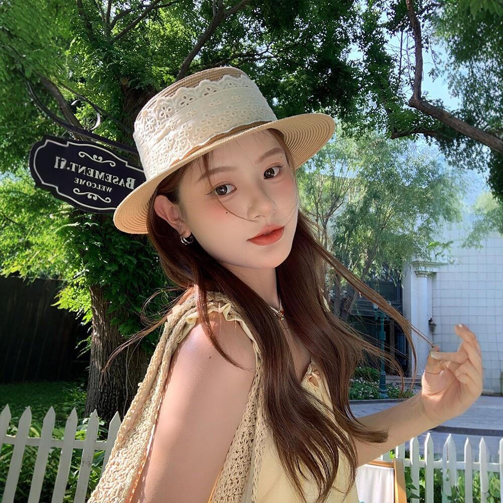 French Lace Woven Straw Hat Women's Summer New Seaside Beach Vacation Sunscreen Sunshade Flat Top Straw Hat