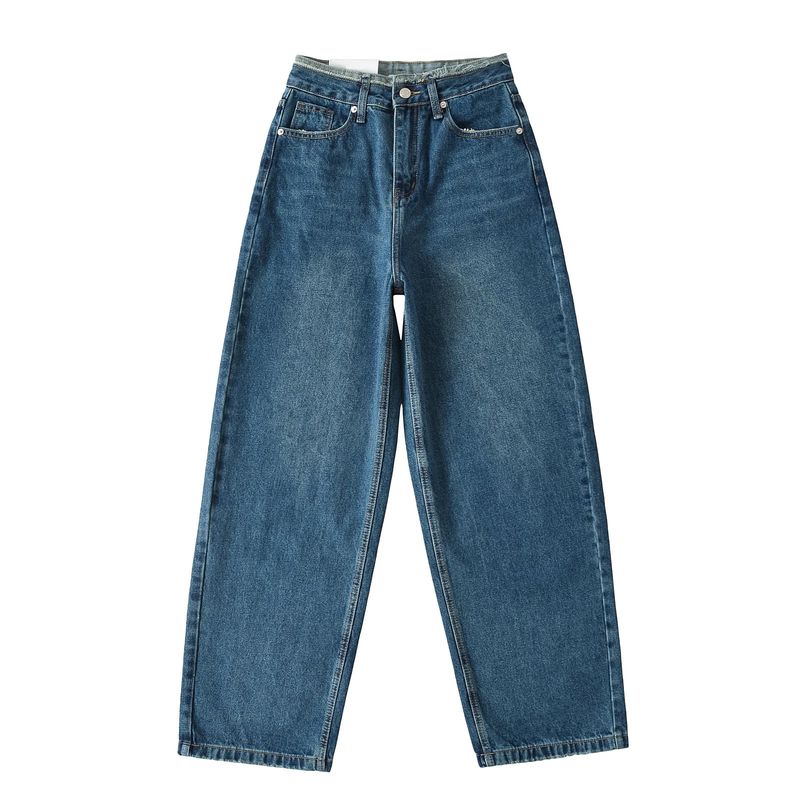 

Women s Spring Clothing American Retro Small Easiest for Match Waist Loose Burrs High Waist Mop Denim Pants Dark Blue M