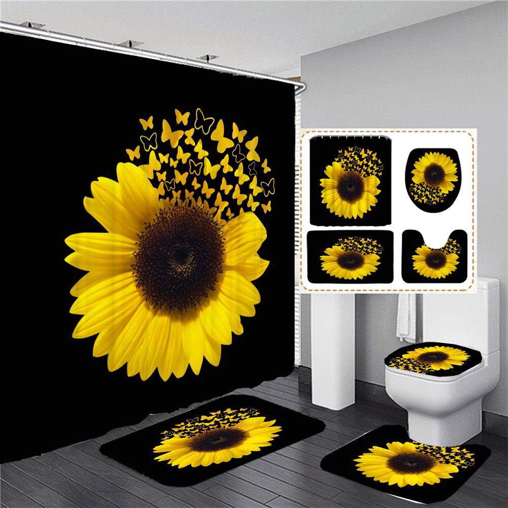 Magic Sunflower Butterfly Shower Curtain Sets Black Yellow Art Country Flower Bathroom Decor Curtains Bath Mats Rug Toilet Cover