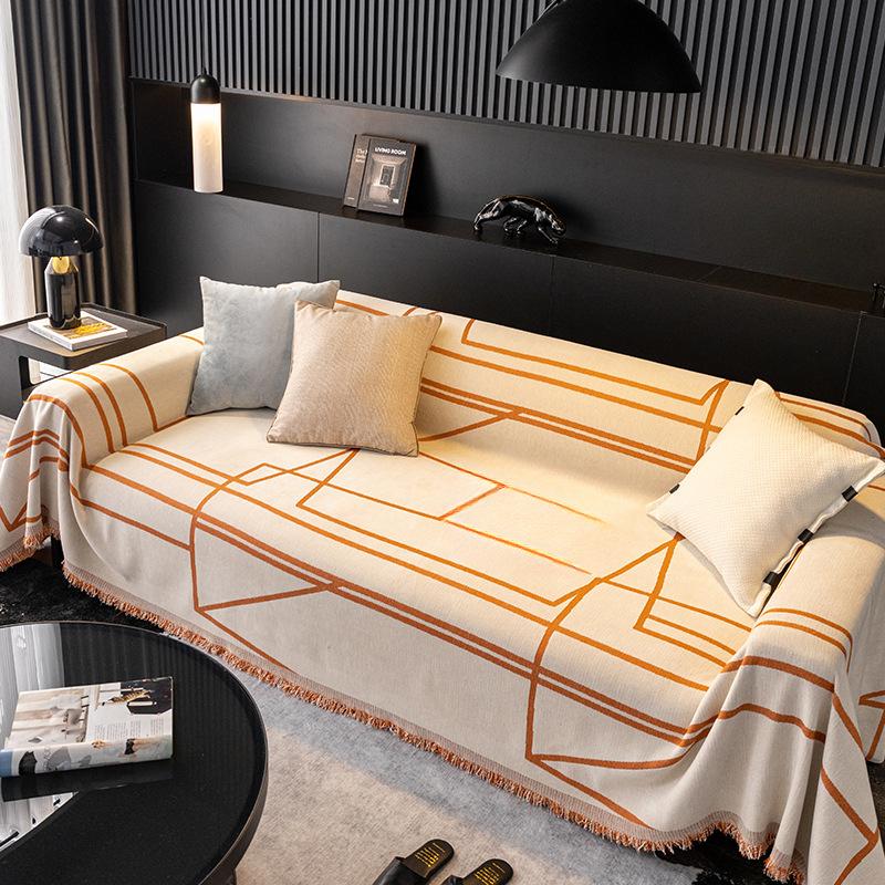 Chenille Sofa Cover Cloth Four Seasons Universal Black Stain-Resistant Sofa Towel Simple Modern Geometric Line Sofa Cover