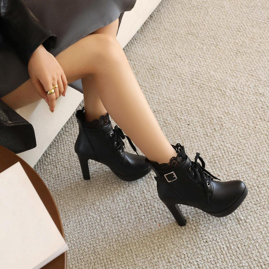 7/Damen-Kurzstiefel mit hohem Absatz, Herbst und Winter, neue Mode, wasserdichte Plattform, dicker Absatz, kurze Stiefel, große Damenstiefel