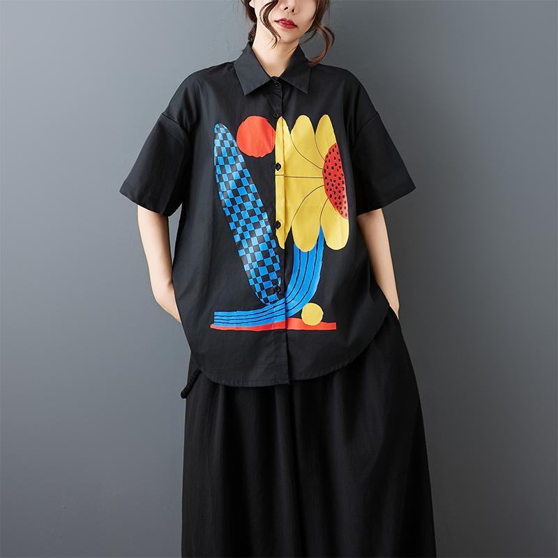 DIMANAF 2026 Plus Size New Summer Blouse Shirt Print Short Sleeve Casual Women Loose Tops Shirts Cotton