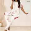 Women Plus Size Off White Printed Round Neck Short Sleeve Longline Top Fitted Pants Two Piece Set