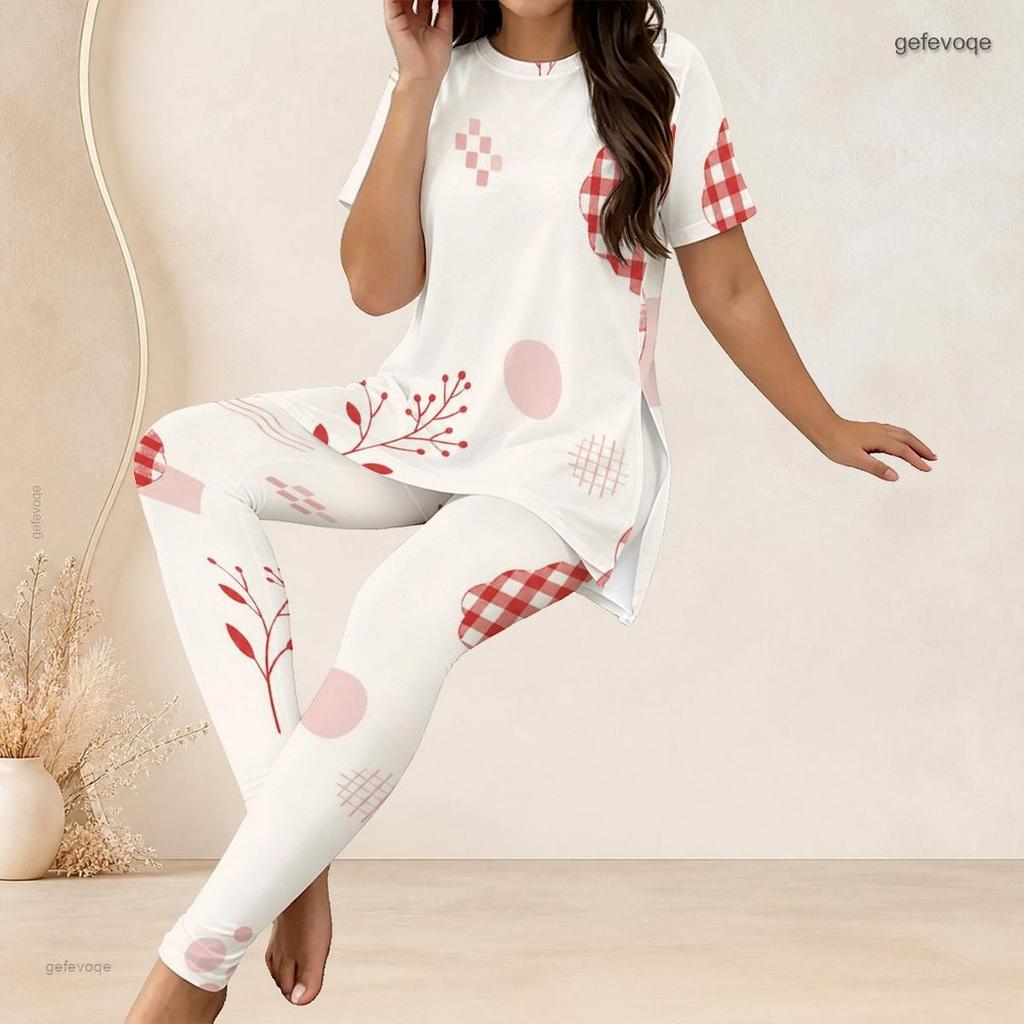 Women Plus Size Off White Printed Round Neck Short Sleeve Longline Top Fitted Pants Two Piece Set