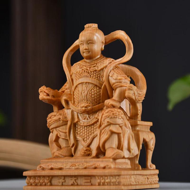 wood carving Marshal Nezha, Third Prince figurine Chinese mythological figures Home Room Office Wealth Luck Feng Shui Decor