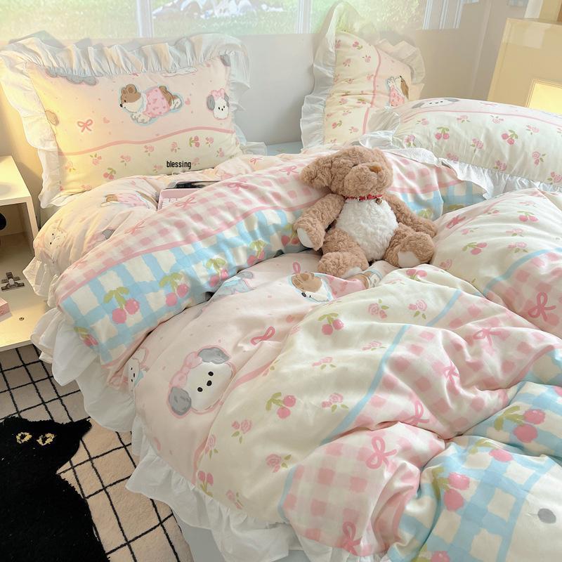 Koreanischer Stil Cartoon Herz Reine Baumwolle Spitze Bettwäsche-Set - Mädchenhaftes Wohnheim 4-teilig, 1,8 m