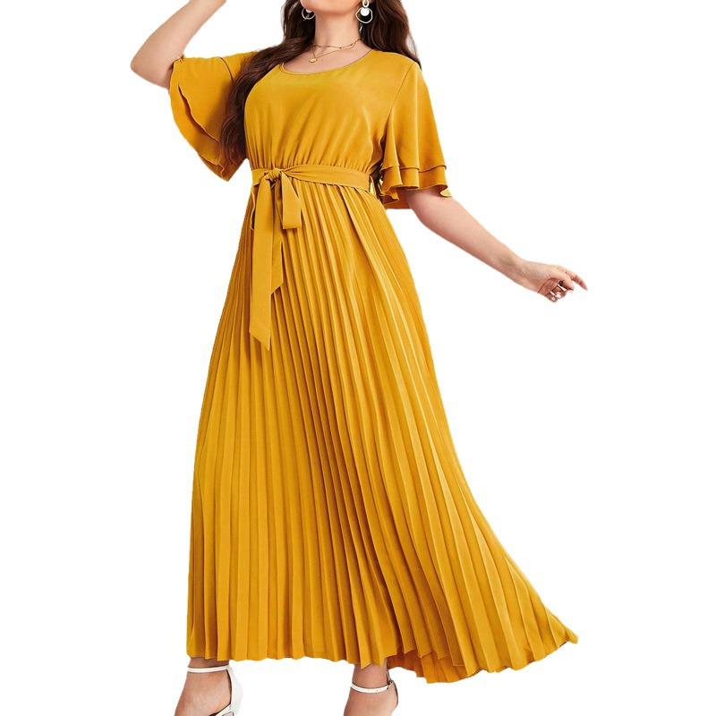 Elegant Long Swing Dress with Square Neck and Lace-up Design - Short Sleeve, Slimming, Pleated for Spring, Summer, Autumn