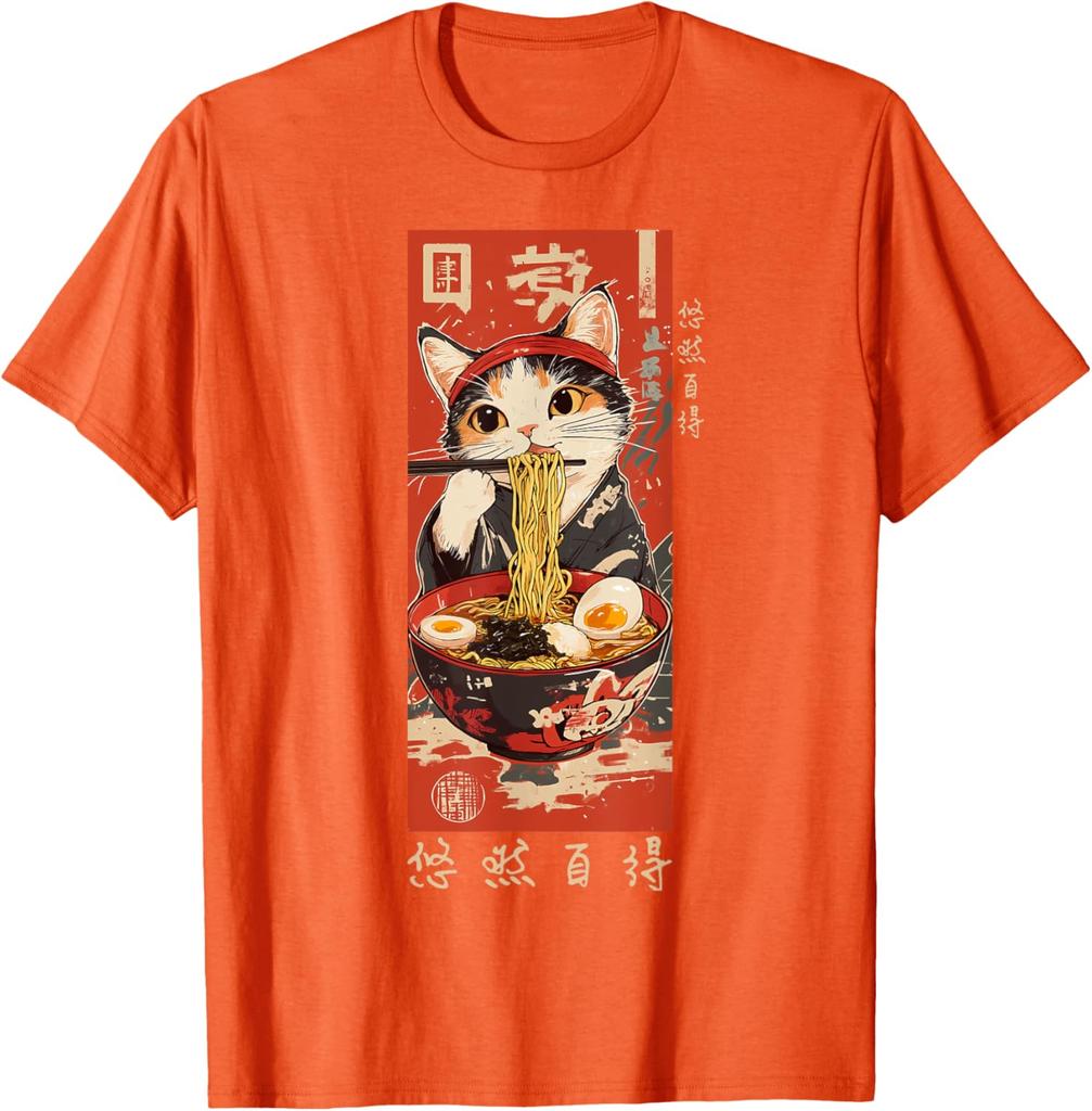 Ramen Cat Eating Noodles Japanese Ukiyoe Style Graphic Tee Casual Cotton TShirt for Men
