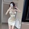 Women's Work Clothing Store Low Chest Sexy Flower Splicing Short Satin Bottom Hip Wrap Suspender Dress Summer