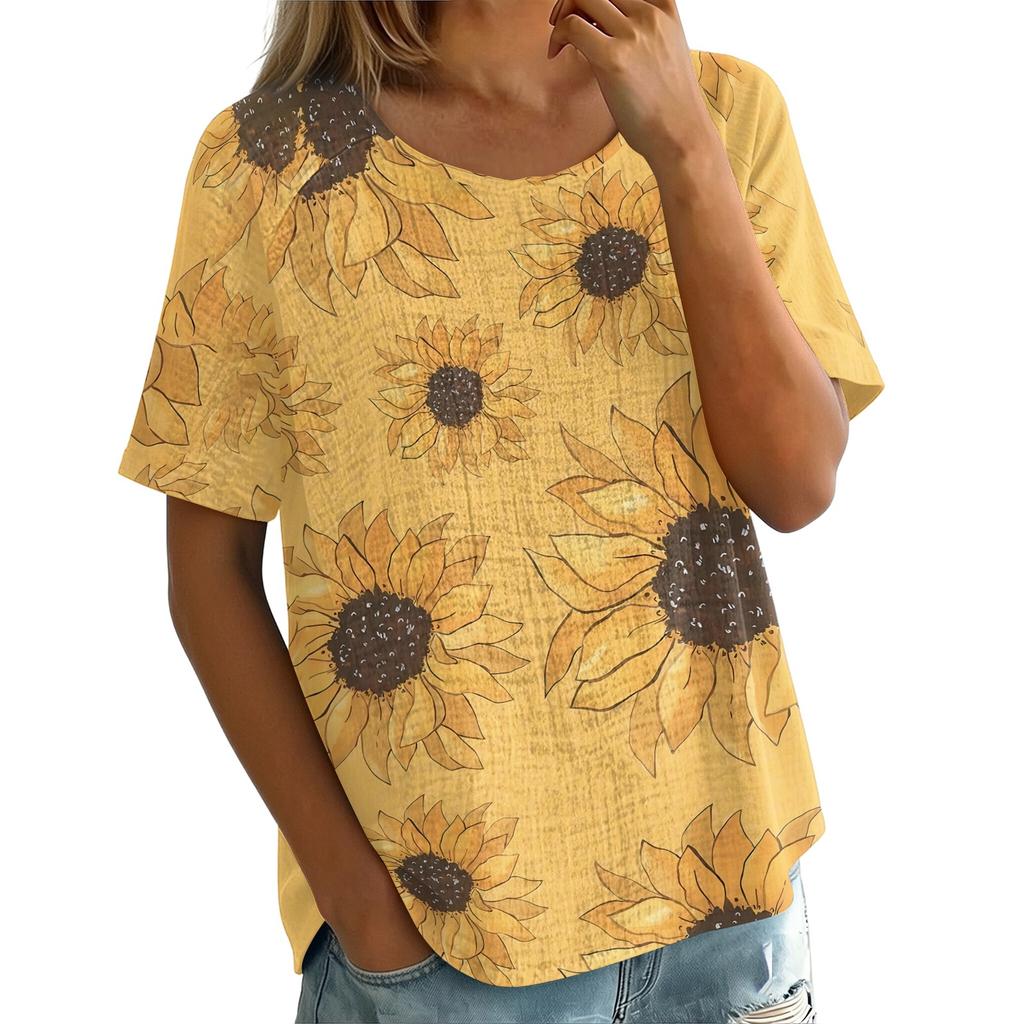 Women's Vintage Floral Print Short Sleeve Round Neck Blouse Lightweight Breathable Linen Blend Casual Top for Summer