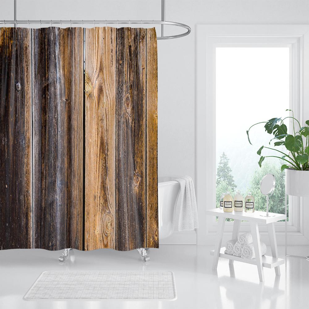 Retro Holzmaserung Duschvorhang Braun Alte Hartholzdiele Natürlich Ländlich Grafikdruck Stoff Badezimmerdekor Set Mit Haken