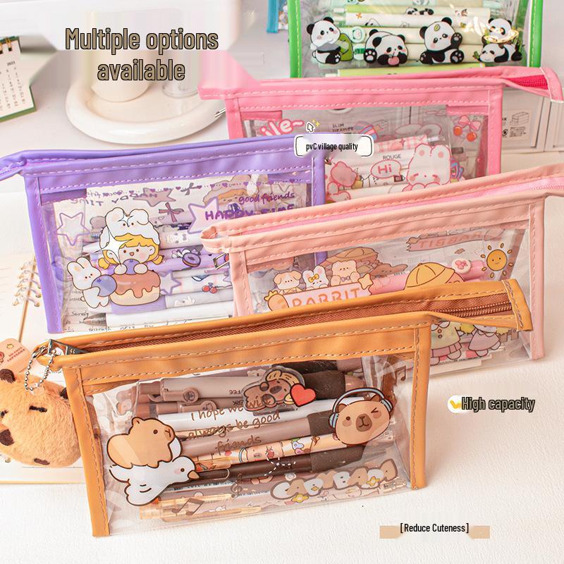 MOKA Korean Style Transparent Triangle Pencil & Makeup Case - Large Capacity Unisex Storage Pouch