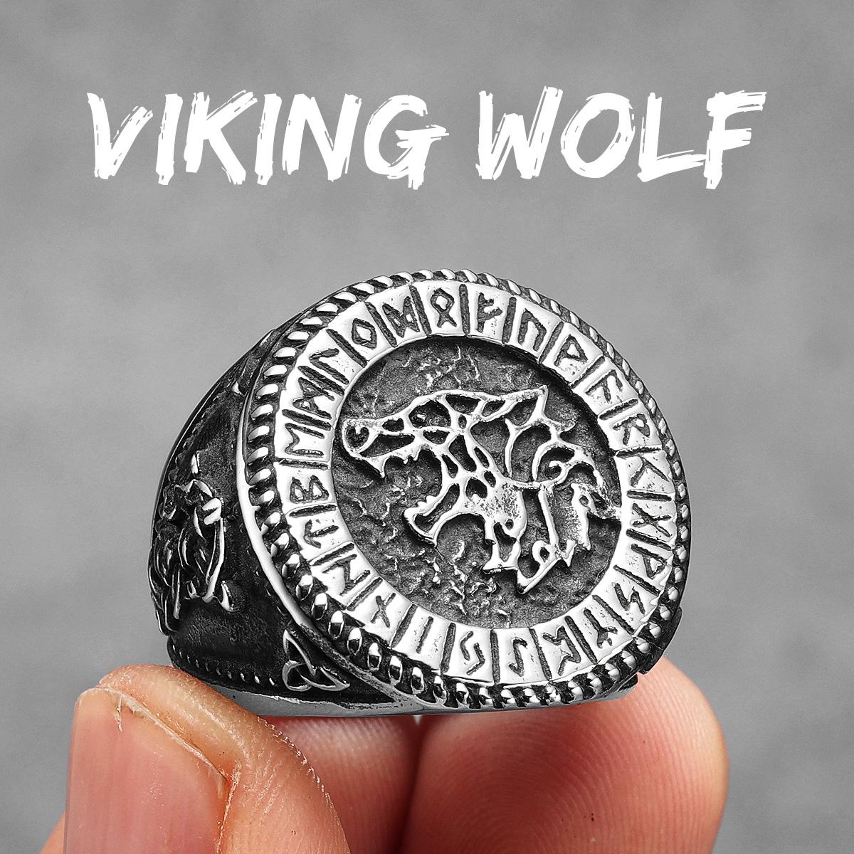 

Viking Runes Wolf Ursa Bear Stainless Steel Womens Mens Rings Punk Vintage For Boyfriend Biker Jewelry Creativity Gift 7