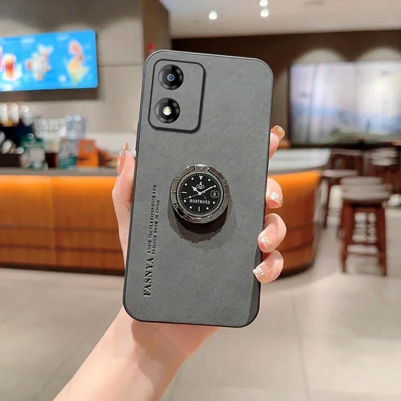 Sheepskin Leather Ring Stand Holder Phone Case For Motorola Moto G85 E13 5G E14 Matte Lens Protection Shockproof Back Cover