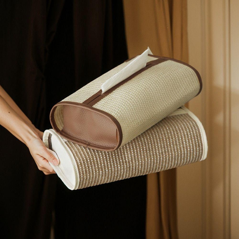 Rectangle Shape Woven Tissue Box High-End Ornament PU Leather Paper Towel Holder Space Saving Decorative Facial Tissue Dispenser