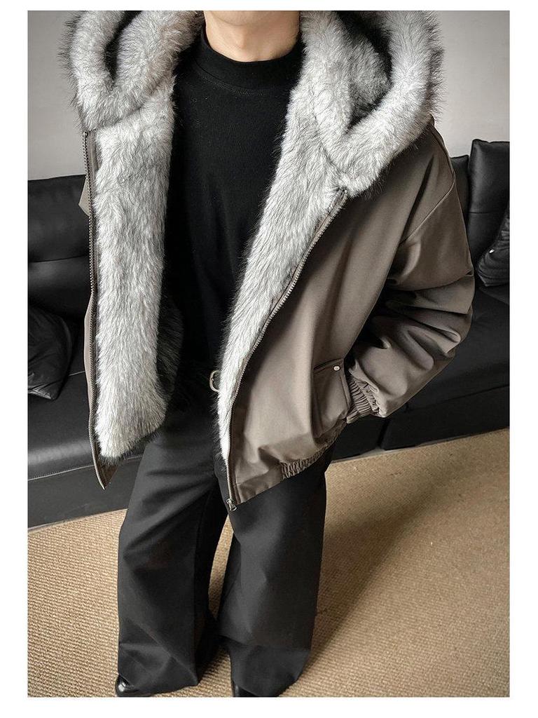 Couple's Winter Jacket with Faux Mink Fur, Golden Eagle Design, Thick Velvet Lining, Large Collar - Unisex Cotton Outerwear