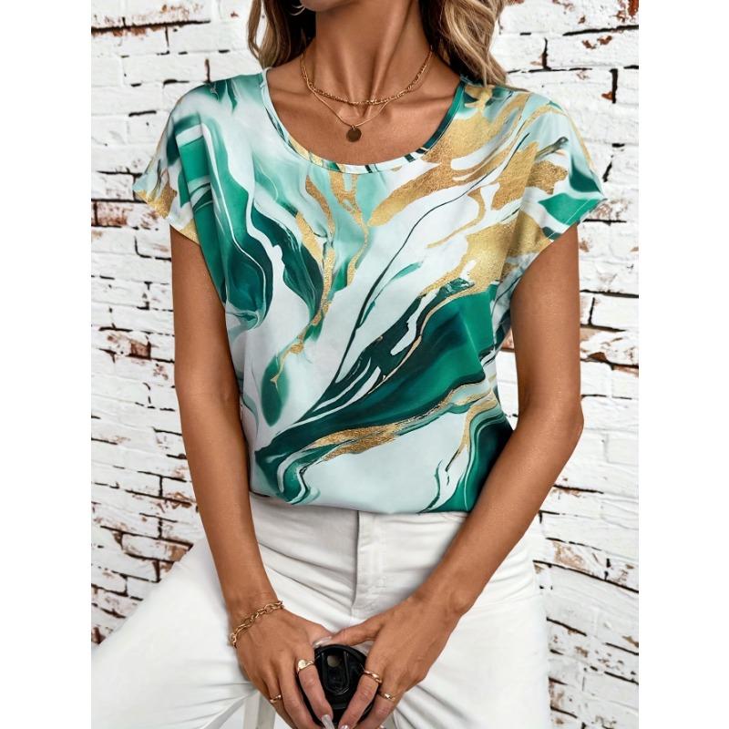 Elegant women s wave pattern print round neck short sleeves S