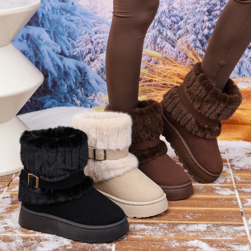 2026 Winter New Short Plush Thick-soled Women's Snow Boots Metal Belt Buckle Ankle Boots Fluffy Furry Women's Cotton Shoes