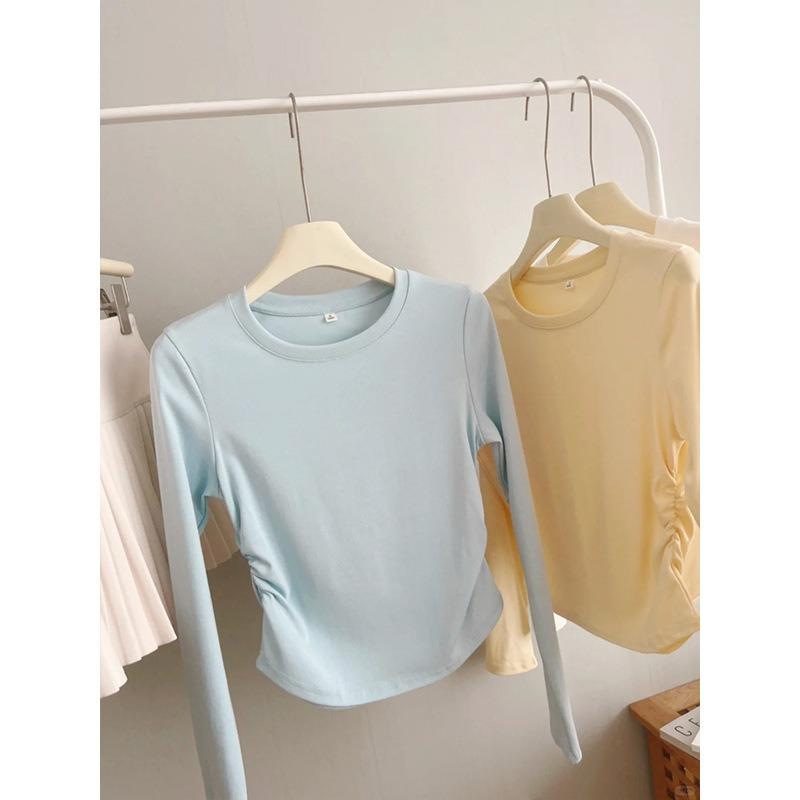 Milk blue shoulder shirt women's waist pinch pleated irregular short top spring bottoming shirt long sleeve inner
