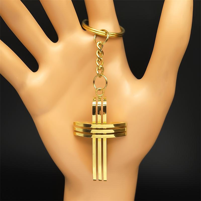 Stainless Steel Jesus Cross Pendant Key Chains for Women Men Gold Color Christian Holy Lord Crucifix Key Ring Jewelry Gift