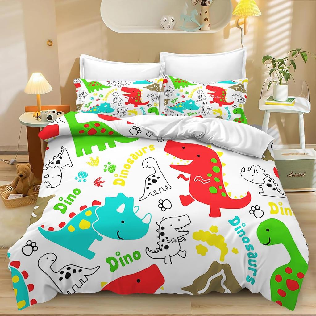 Dinosaur Print Cozy Duvet Cover Set Queen King Size Cartoon Bedding Set Home Living Luxury 3 Piece Set With Pillowcases 75*50Cm