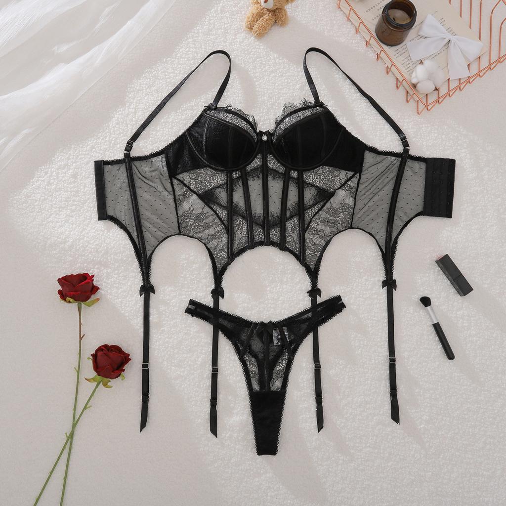 Lingerie Hot e Sexy da Donna Seducente Pizzo a Pois Ciglia Corsetto Set 2 Pezzi Intimo Fiocco Stecche Body Intimo Costumi Erotici