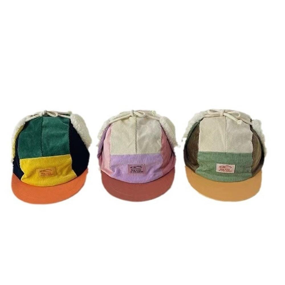 With Sherpa Earflaps Infant Trapper Hat Patchwork Corduroy Ski Hat Vintage Winter Cap  Toddlers