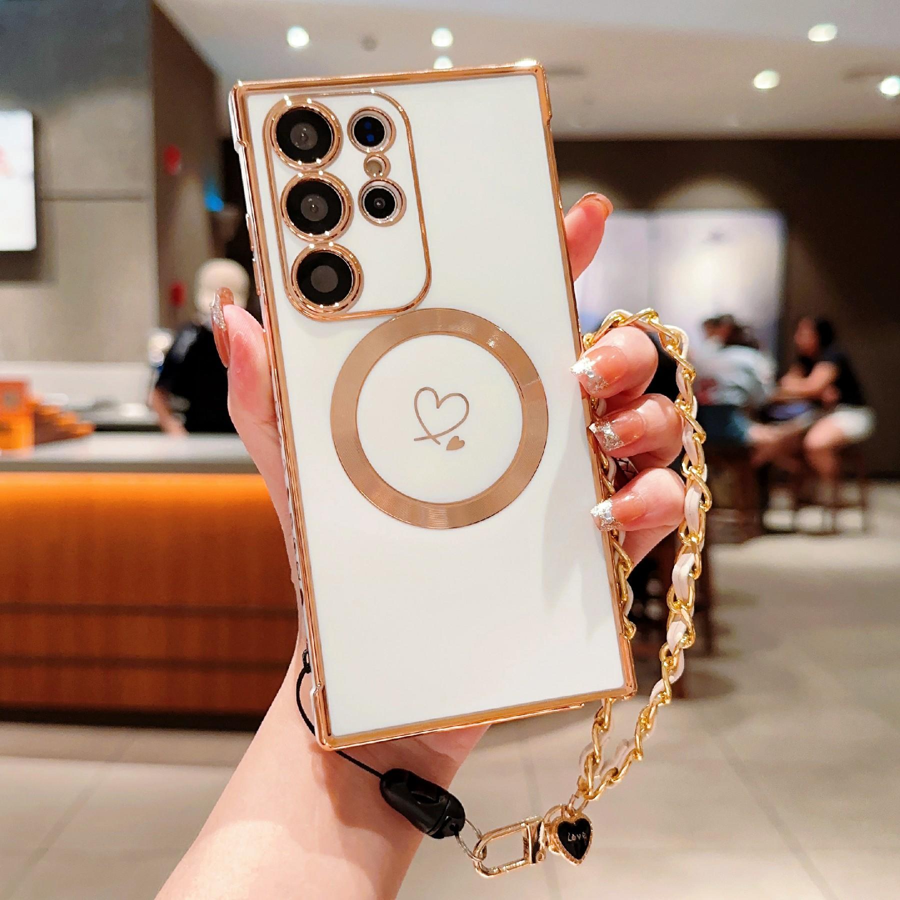 

For Samsung Galaxy S25 Ultra Magnetic Case Electroplated Love Hearts TPU Phone Cover with Chain Strap F