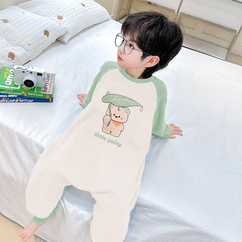 Boys  Baby Pajamas, One-Piece Cotton Autumn Clothing, Cartoon Anti-Kick Romper, Long-Sleeve Girls  Loungewear Mint Leaf Bear [Pure Cotton Long Sleeve] Boys 110