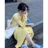 2025 Trendy Yellow and White Long-Sleeve Slim-Fit Dress for Spring and Autumn