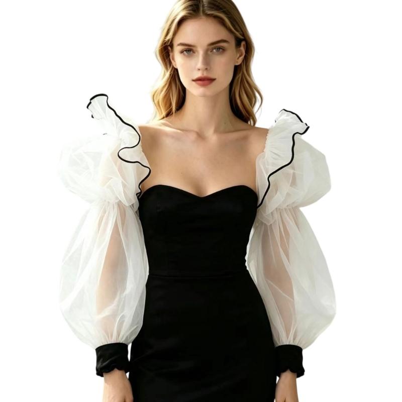 Elastic Cuffs Bubble Sleeves Organza Fabric Arm Covers Decorative Sleeves For Bridal Gowns Wedding Ceremony Wear чёрный