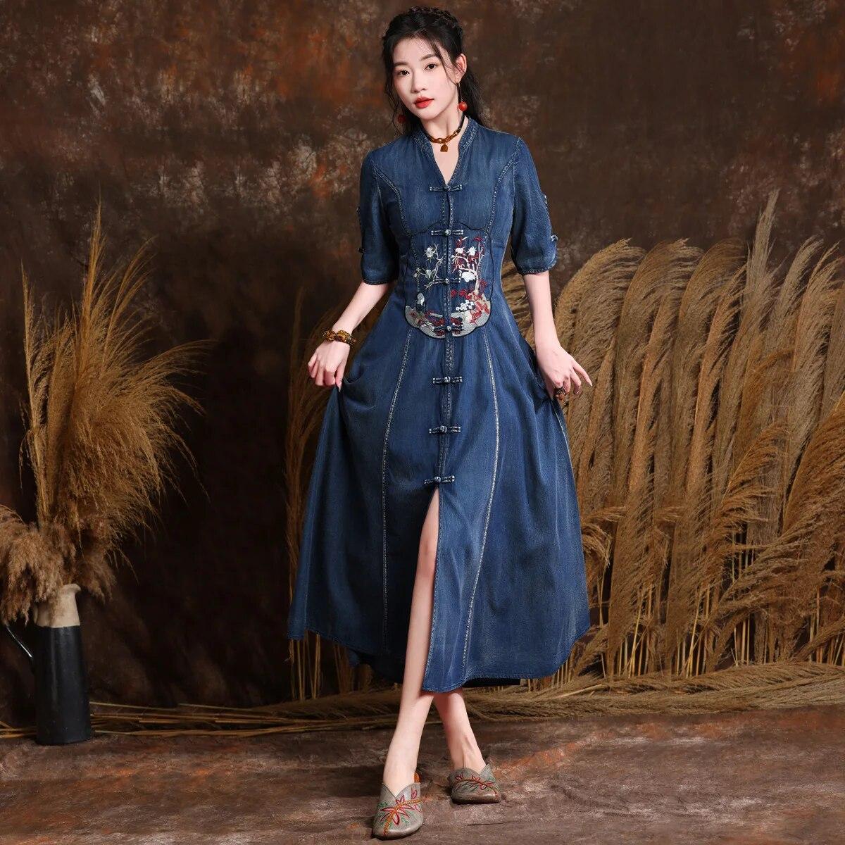 

Johnature женское весеннее винтажное платье с вышивкой и половиной рукава в китайском стиле, однобортное хлопковое повседневное платье с пряжкой M синий