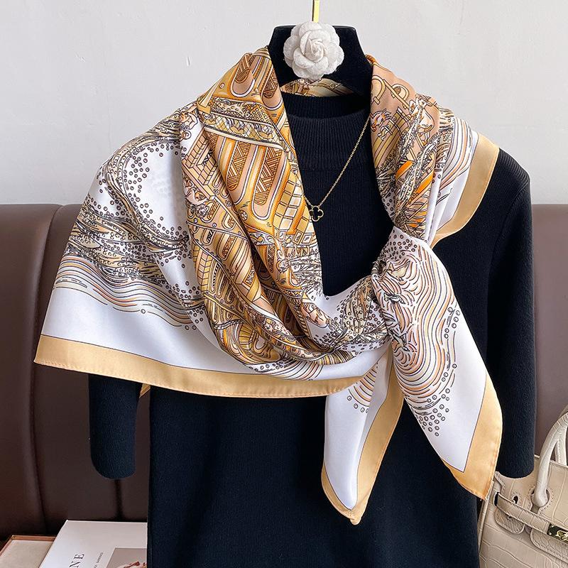 Luxury Brand Square Scarf Design Shawl Wrap 90cm Print Twill Silk Women Hijab Female Foulard Headband Bandana